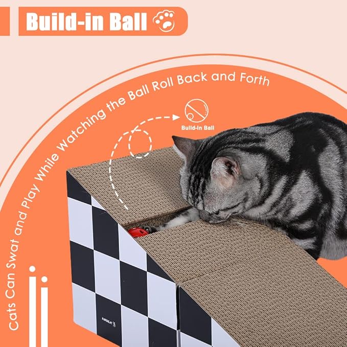 Simple Delxue Cat Scratching Board with Ball, Triangle Cat Scratching Cardboard, Multiple Scratching Angles, 2-in-1 Scratching Lounge Bed, Recyclable and Durable, Furniture Protector, Black and White