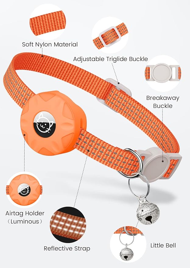 Apple AirTag Cat Collar, GPS Tracker Kitten Collar with Breakaway Feature, Lightweight and Reflective, Perfect for Cats and Puppies (Orange)