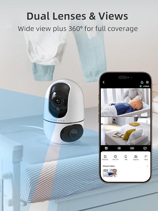 virtavo Pet Camera Indoor for Dogs & Cats, 360° PTZ Pet Monitor with Motion Tracking, Dual‑Lens, 2‑Way Audio, Night Vision, No Subscription, Wi‑Fi 6 (2.4GHz/5GHz), SD & Cloud Storage