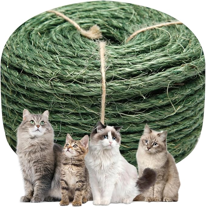 Green Sisal Rope, 1/4 Inch, 32-Feet, for Cat Scratching Post, DIY Hemp Twine, 6mm, 10m