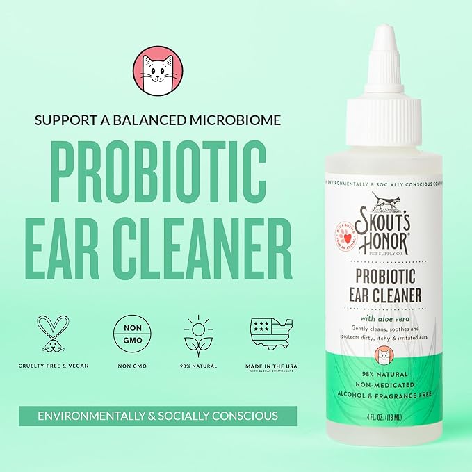 SKOUT'S HONOR Cat Ear Cleaner Solution with Aloe Vera - Alcohol-Free, Fragrance-Free, Non-Medicated Ear Wash for Cats, 4 oz.