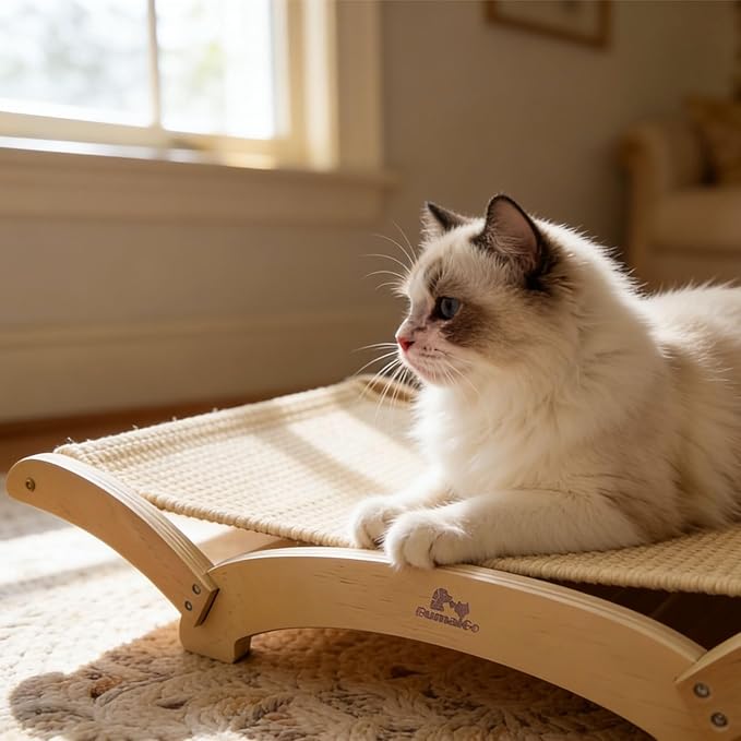 Extra-Large Sisal Cat Scratcher Bed for Indoor Cats, Cat Scratching Post with Hammock Nartural Sisal Scratch Pad for Large Cats Scratcher Lounge Chair, Wooden Cat Furniture