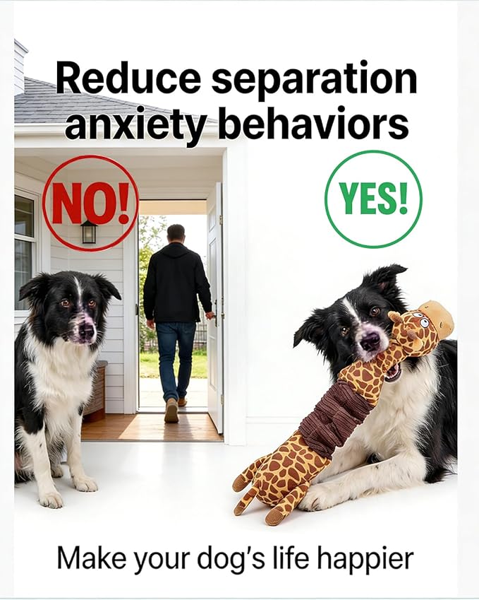 3-in-1 Squeaky Dog Toys for Chewers, Dual Squeaker, Crinkle Sound, Stretchy Spring Band - Durable Interactive Plush Puppy Toys for Boredom, Small Medium Large Breed (Giraffe)