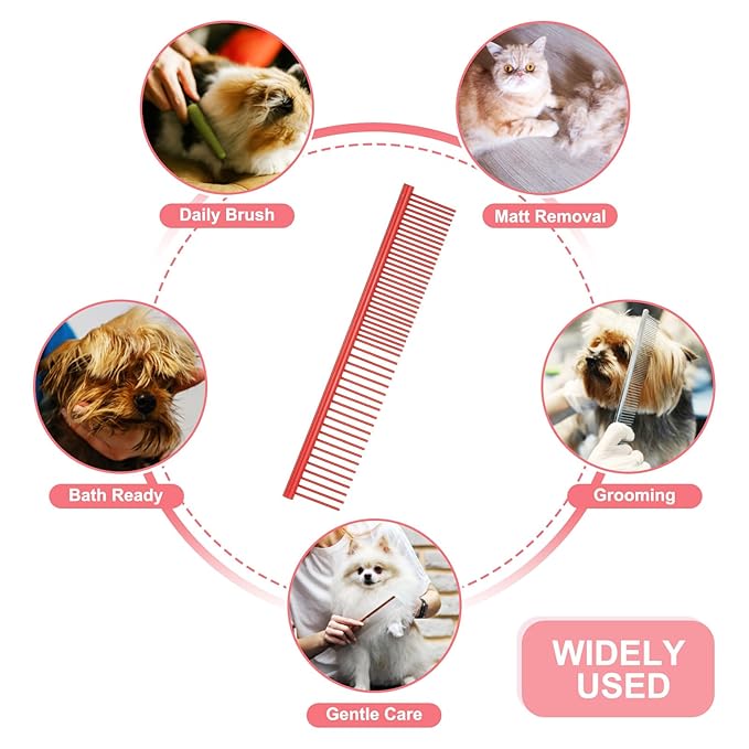 Dog Cat Comb, Pet Combs Stainless Steel Teeth with Rounded Ends for Knots Mats Loose Hair Removal, 6.5IN (Red Coated, 3 Pack), Grooming Tool Intended for Long Curly Hair Pet