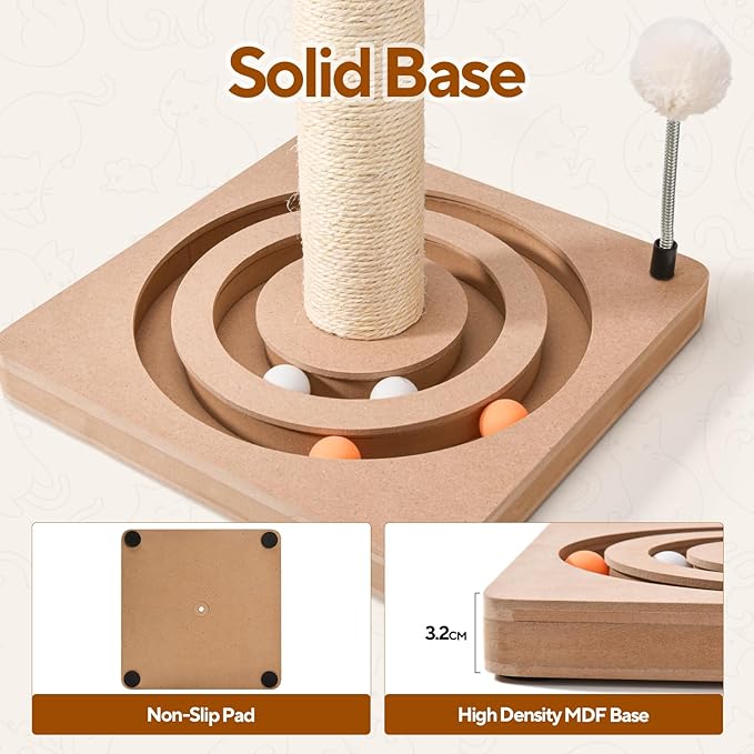 Sisal Cat Scratch Post with Sturdy Ball Track Base for Indoor Cats and Kittens, 25 Inches Cat Scratching Post with Interactive Toys