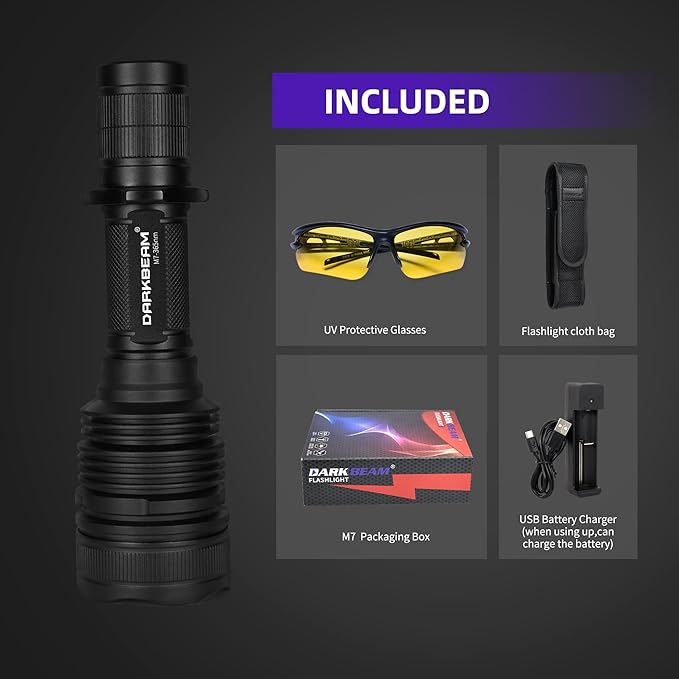 DARKBEAM UV Flashlight 365nm Black Light - Woods Lamp 20W High Power Rechargeable Ultraviolet Light with Filter - Detector for Pet Urine & Leak, Resin Curing, Blood Tracking, Searching Rocks/Scorpion