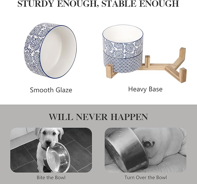 Selamica Ceramic 30 OZ Dog Bowls, Dog Food and Water Bowls with Wooden Stand, Anti-Slip Dogs Dishes Set for Cats Small & Medium Sized Dogs, Weighted Pet Bowls Set of 2, Vintage Blue B