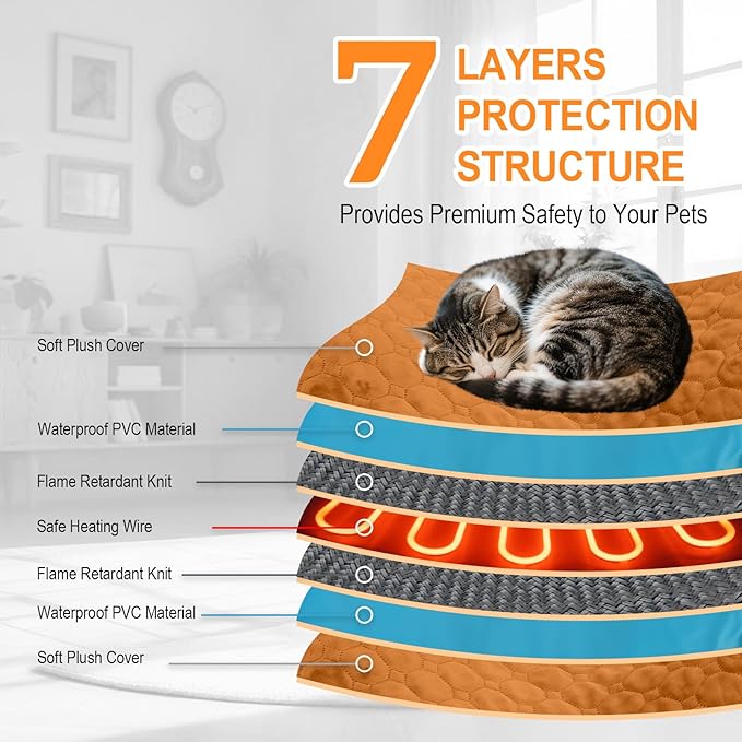 Cat Heating Pad, 6 Adjustable Temperature & 5 Timer Options, 17.7'' x 17.7'' Pet Heating Pad for Cats Dogs, Waterproof Indoor Outdoor Electric Heated Cat Bed Dog Mat with Chew-Resistant Cord (Brown)