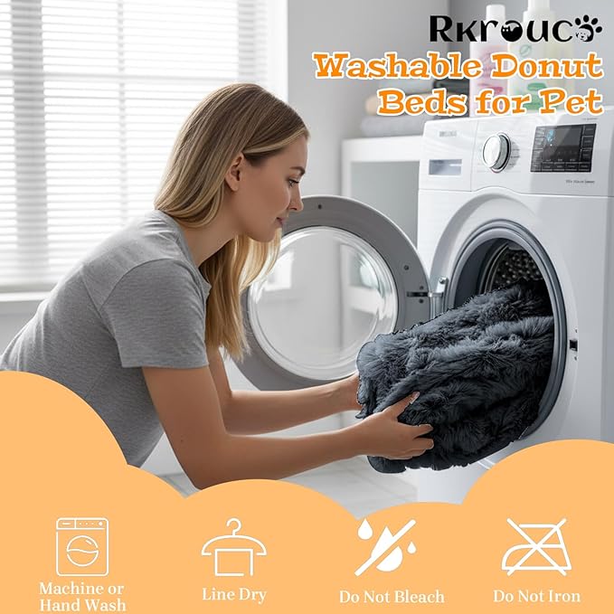 Fluffy Dog Bed Calming Donut Beds for Large Dogs Warming Round Small Medium Pet Nest Cozy Cat Mattress Indoor Washable Puppy Kennel Kittens Sleep Mat (M, 27.5×27.5 inch, Dark Gray)