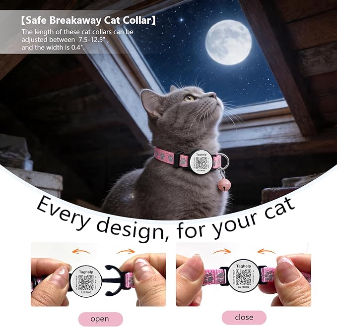 Cat Collar Breakaway with QR Code Name Tag, Reflective Kitten Collars with Bell, Cat ID Tag Personalized, Ultra-Durable, Adjustable, Quick Release, Fits Most Girl Boy Small Large Cats (Pink)