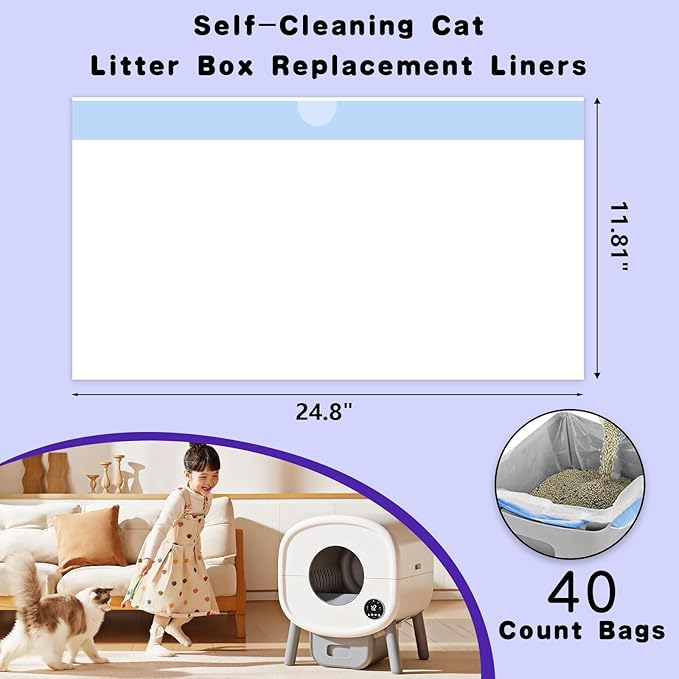 40-Pack Heavy Duty Cat Litter Box Liners for Fumoi & Paruuntys Self-Cleaning Litter Boxes, Leak-Proof Litter Bags with Drawstrings, Extra-Thick Automatic Litter Box Bags