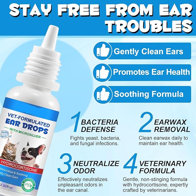 Dog Ear Infection Treatment Drops, with 1% Hydrocortisone, Ear Yeast Infection Treatment for Dogs and Cats, Dog Ear Drops for Yeast Infection, Dog Ear Infection Drops for Itchy Ear Relief