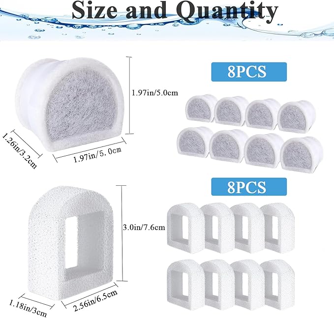 TuTuYa 16PCS Cat Water Fountain Filters Replacement Compatible with PetSafe Drinkwell Fountains, 8 Replacement Carbon Filters + 8 Replacement Sponges Foam Filter for Dog and Cat Fountains