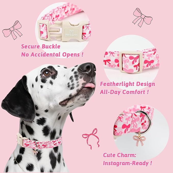 Maca Bates Pink Bow Basic Dog Collar with Cute Sailor Bowtie Charm for Medium Girl Dogs, Girly Bows Gingham Pattern,Feminine Style Adjustable Durable Soft Collars Birthday Gift for Female Puppy