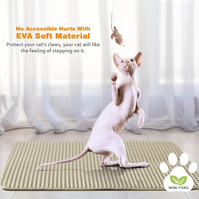 Waterproof Cat Litter Mat, Double Layer EVA, Odor-Free Large Grid, Urine Proof, Easy Cleanup (Khaki, 24 x 35)