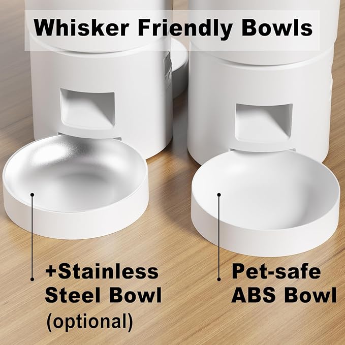 Automatic Cat Feeder for 2 Cats,6 Meals/Day,12 Portions/Meal,Dual Power Double Bowls,Dry Pet Food Autofeeder,10S Voice Record,Flexible Programmable Schedule Timer(White,Stainless Dual Bowls)