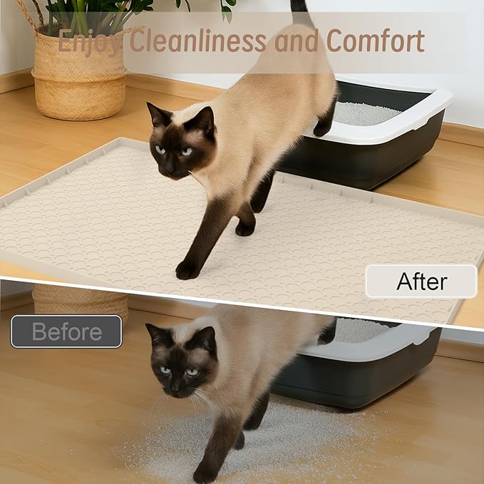 Large Cat Litter Mat 34"x22", Cat Litter Trapping Mat For Litter Box, Silicone Pet Feeding Mat With Raised Edges Waterproof, Beige