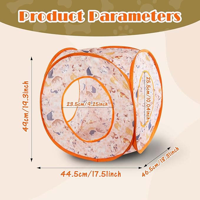 Andiker Small Cat Tents for Indoor Cats, Summer Fruit Patten 15" Foldable Cat Tube with 1 Plush Ball and 3 Holes Kitten Hide-and-Seek Toy to Relieve Boredom Also for Kitten Rabbits (Orange)