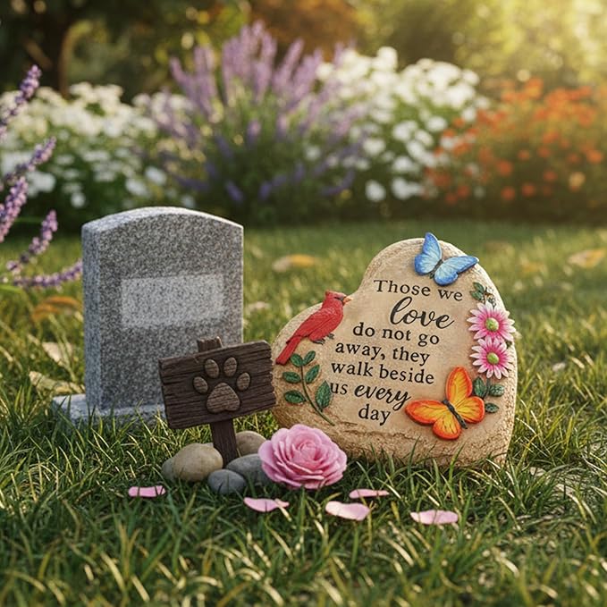 Memorial Stones for Loved Ones Outside with Cardinal Butterfly Flowers, Sympathy Gifts for Loss of Loved One Waterproof Resin Grave Decorations for Cemetery 10 inch