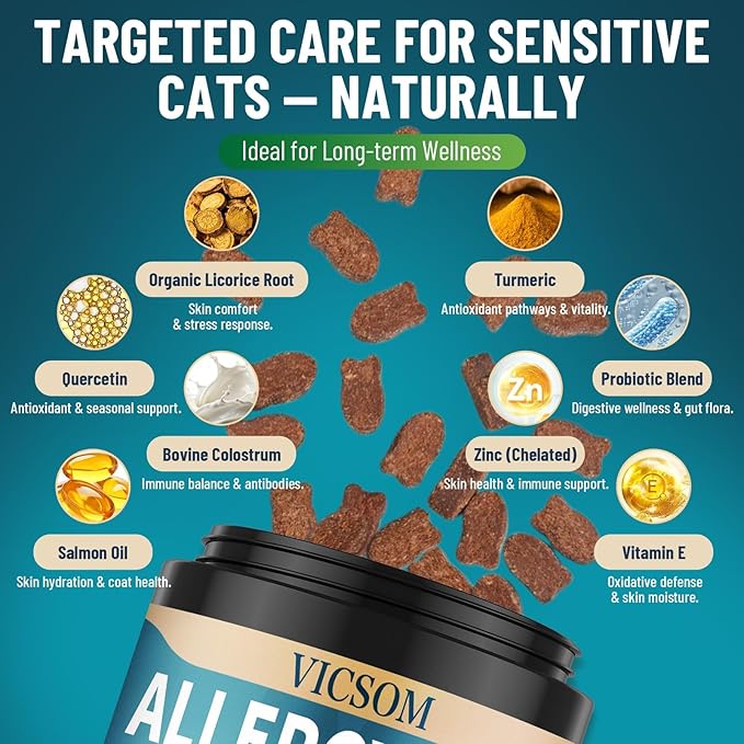 Cat Allergy Relief for Cats, 200 Cat Itchy Skin Allergy Relief Chews for Immune Support & Seasonal Allergies, Anti-Itch Relief for Cats Paws, Eyes, Ears, Stop Licking & Scratching, Chicken Flavor