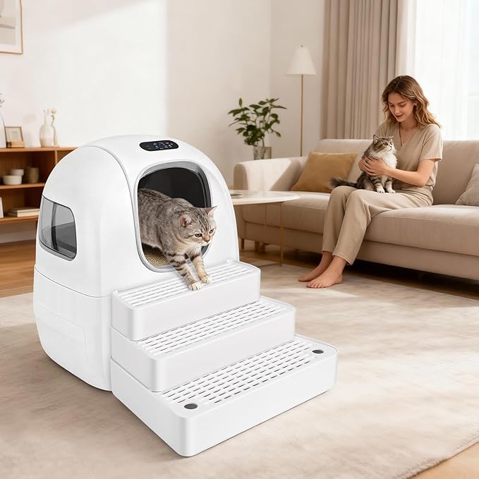Extra Large 3 Steps Litter Box Ramp, Adjustable Cat Litter Box Step with Filter Function, Easy to Clean Cat Litter Stair Catcher for Elderly Cats and Kitten (White)