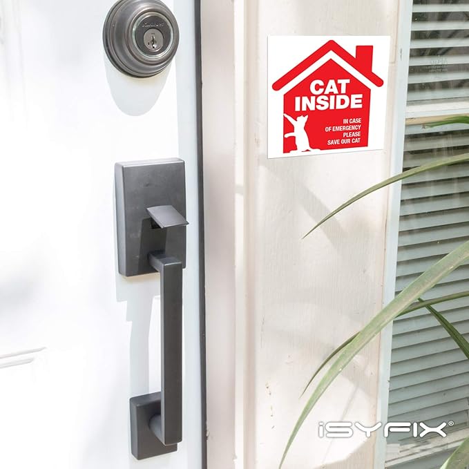 iSYFIX Cat Inside Alert Signs Stickers - 4 Pack 5x5 Inch - Premium Self-Adhesive Vinyl, Laminated for Ultimate UV, Weather, Scratch, Water and Fade Resistance, Indoor and Outdoor Red