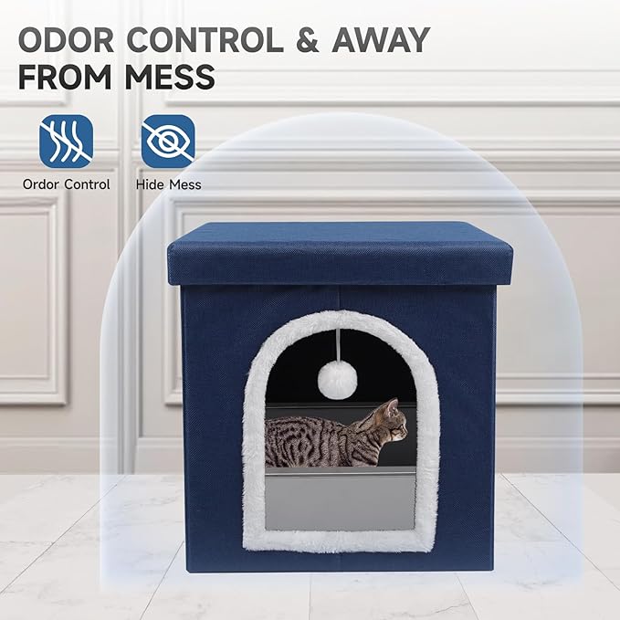 Cat Litter Box Enclosure, Foldable Hidden Litter Box with Mesh Storage Bag, Litter Box Furniture Hidden with Waterproof Inside, Easy Clean, Odor Control, Easy Assembly, 21.6”L x 17.7”D x 17.7”H, Blue
