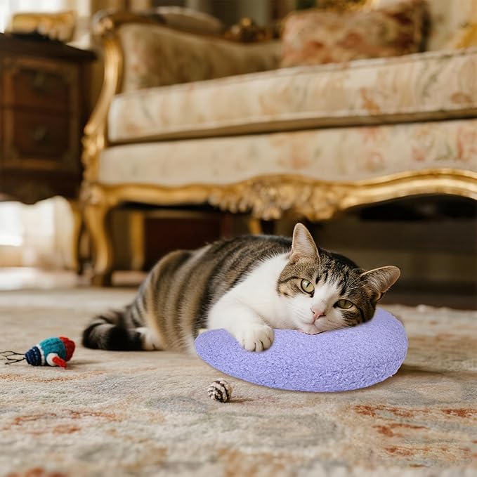 Lystaii Cat Calming Pillow for Indoor Pet Small Dog Calming Pillow Soft Fluffy Cat Bed Dog Neck Toy Half Donut Anxiety Relief Toy with Cute Embroidery Pattern (Purple, Peaches)