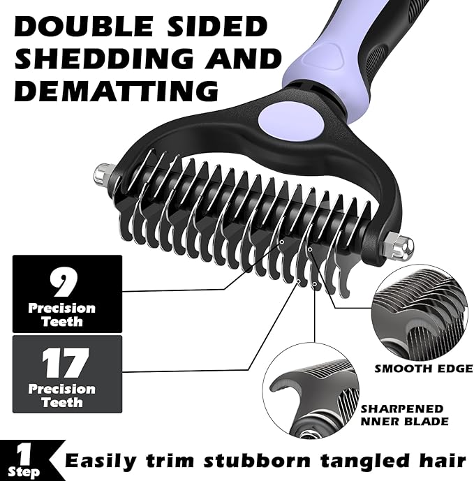 3PCS Self Cleaning Slicker Brush & Pet Grooming Rake & Flea Comb for Dogs,Cats and Horses | Double-Sided Dematting Comb & Skin Friendly Deshedding Grooming Tool | Pet Supplies(Light Purple)
