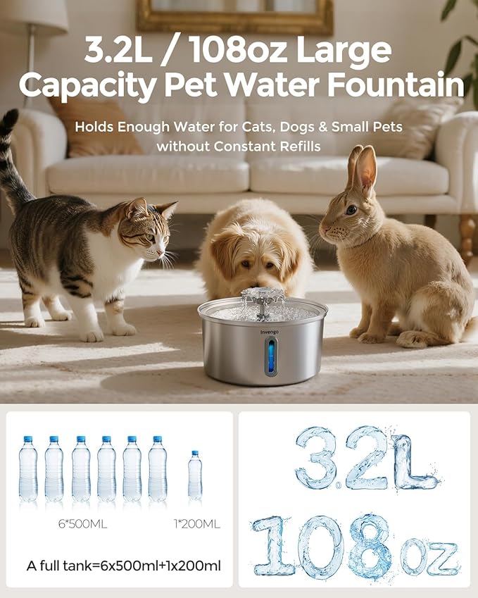 Cat Water Fountain Stainless Steel, 3.2L/108oz Pet Drinking Fountain for Cats Dogs, Automatic Cat Fountain with 2 Flow Modes, Splash-Proof Bowl, Includes 8 Replacement Filters
