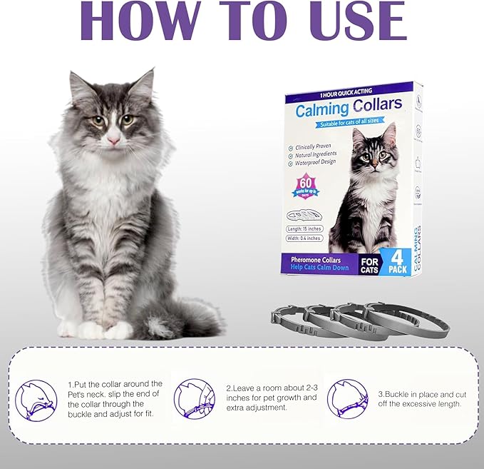4 Pack Calming Collars for Cats - 60 Days Anxiety & Stress Relief, Adjustable Pheromones for Continuous Calming