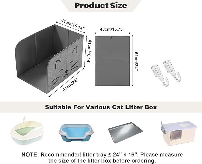 Beveetio Waterproof Cat Litter Box Enclosure Splash Guard, Foldable Cat Box Enclosure with Removable Mat & 2 Hooks for Scoop, Easy to Clean, Large Pee Shield for Litter Pan, 24"L X 16.14"W X 16.14"H