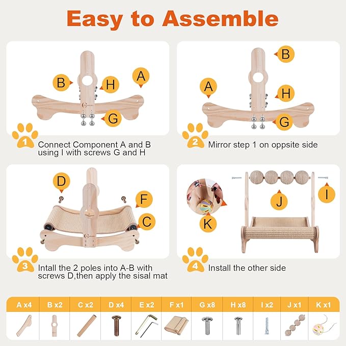 Oroonoko 4-in-1 Cat Scratcher Bed with Scratching Balls & Bells, Large Sisal Scratching Bed, Cat Scratches Bed for Indoor Cats, Anti-Tip Wood Base, Cat Bed & Scratch Pad for Large Cats up to 50 lbs