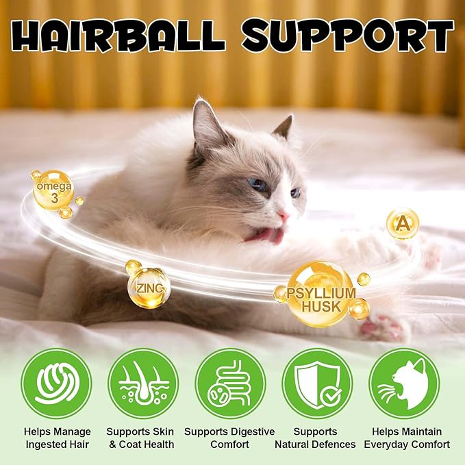 Hairball Treatment for Cats & Kittens, Cat Hairball Support Crunchy & Creamy Chews for Cats,Hairball Control & Relief Treats with Cat Grass,Apple Pomace & Omega-3 Fish Oil,Supports Healthy Skin Coat