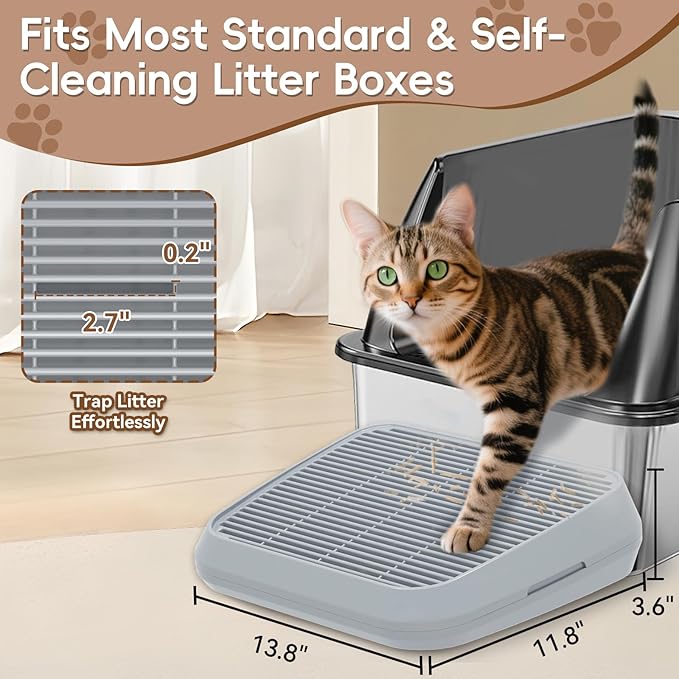 Elevated Litter Box Ramp/Steps for Kittens & Old Cats,Washable Litter Catcher Stairs for Automatic Cat Litter Box,Anti-Tracking Cat Litter Mat Pedal with Filter,Easy to Clean (Light Grey)