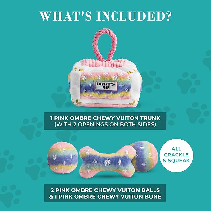 Haute Diggity Dog Pink Ombre Chewy Vuiton Trunk, Plush Designer Dog Toys with Interactive Squeaker, Stimulating Pet Enrichment, Machine-Washable & Safe Materials for All Breeds