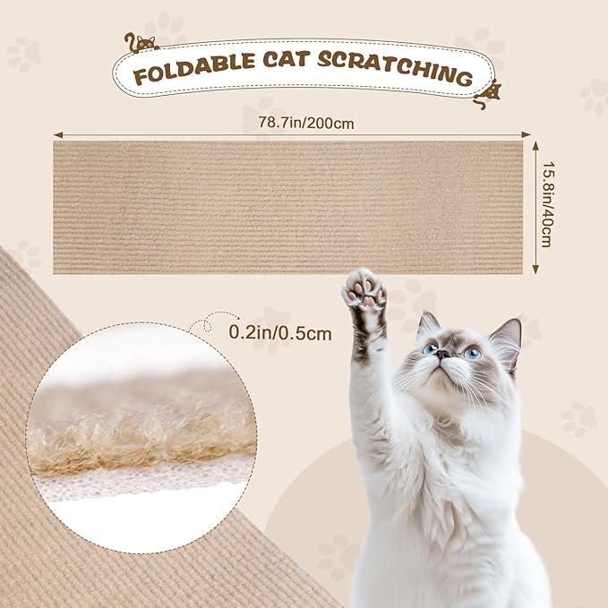 Eunice Cat Scratching Mat, Self-Adhesive Cat Scratch Carpet, Trimmable Replacement Carpet Pad for Tree Wall Cat Scratching Post DIY Couch Protector (Khaki, 78.7"x15.8")