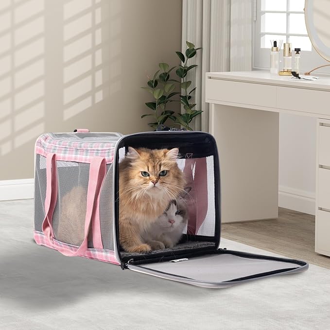 Soft Sided Cat Carrier for Large Cats Up to 20 Lbs, Collapsible Cat Bag Airline Approved with Upgrade Zipper Closures,17 * 12 * 12in Pet Travel Carrier for Small Dogs Puppy or 2 Kittens, Pink