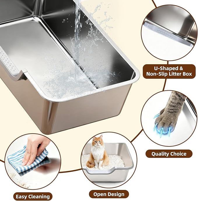 Stainless Steel Cat Litter Box, Steel Litter Pan with Curved Low Entry, Leak Proof 6 Inch High Side for Urine, Easy Entry for Kittens Older Cats, No Slip, 17.7" x 13.8" x 6", Silver