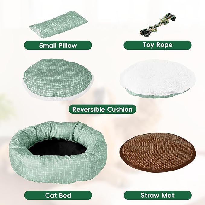 XXS Round Cat Bed 18 Inch, Summer & Winter Dual Use Washable Pet Bed, Small Cat & Dog Cushion for Crate, Carrier, Catio, Playpen, Wall Shelve, Replacement Cushion for Cat Desk Perch, Green