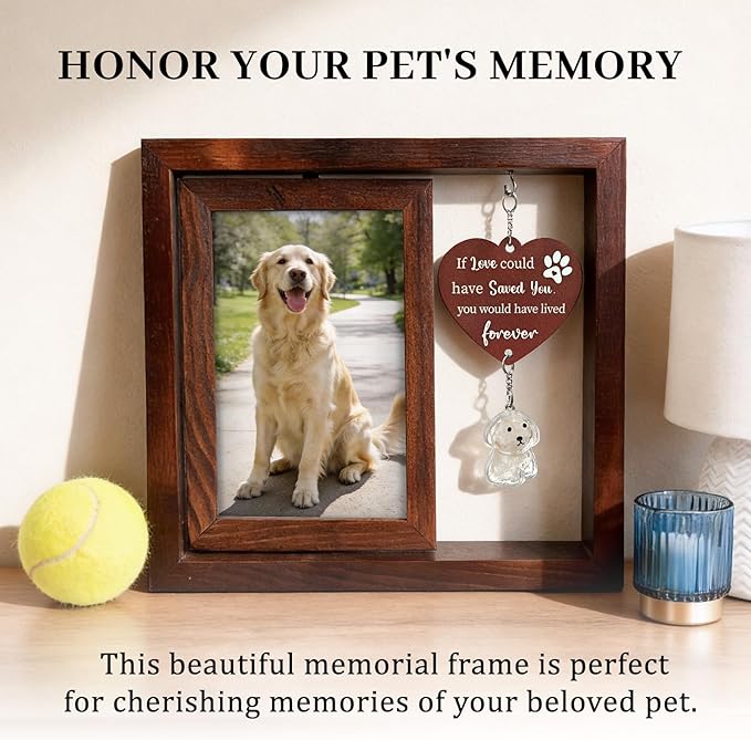 Dog Memorial Gifts for Loss of Dog, Pet Memorial Picture Frame with Two Pet Shaped Fur Keepsake Bottles, Loss of Dog Cat Sympathy Gift, Rotating Wooden Frame for 4x6 Photo