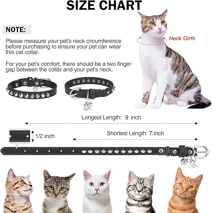 Leather Cat Collars for Boy Girl Cats with Bell and Safety Elastic Belt, Personalized Rivets Stud Adjustable Safe Buckle Collar with Skull Charm for Kitty Small Pets, Black 7"-9"