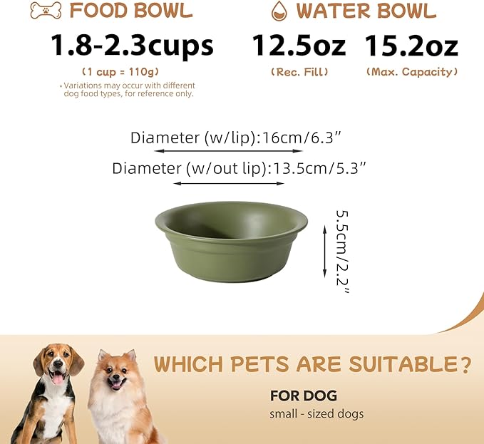 Ceramic 6.3inch Set of 2 Dog Bowls, 2pcs Basic 1.5 Cup Food or 15 oz Water Dishes for Small Dogs, Wide Opening Rounded Edge (2 Bowls, Olive Green)
