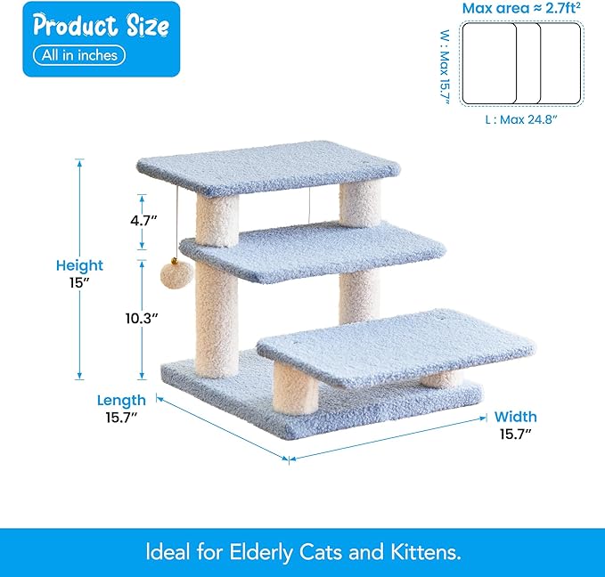 15''H Multi-Step Pet Stairs for High Beds & Sofas, 3-Step Cat Stairs with 2 Toy Balls, Wide Boards for Indoor Kittens Dogs Pets Climbing, Blue