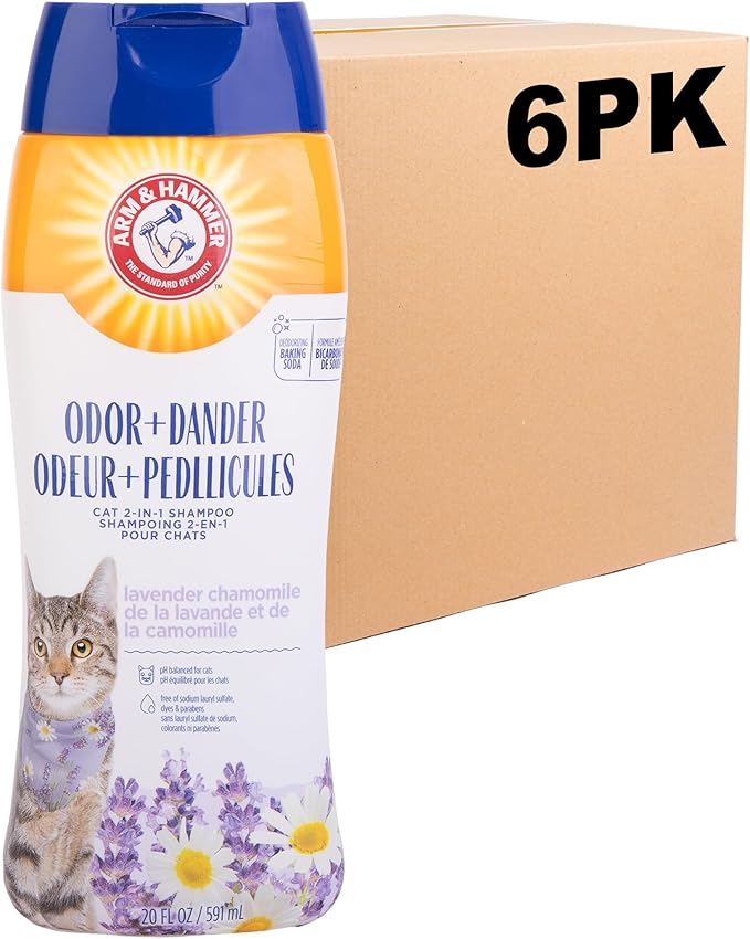 Arm & Hammer 2-in-1 Deodorizing & Dander Reducing Shampoo for Cats, Baking Soda Cat Shampoo for Dander, Odor Control and Coat Cleaning, Lavender Chamomile Scent, 20 Fl Oz - 6 Pack