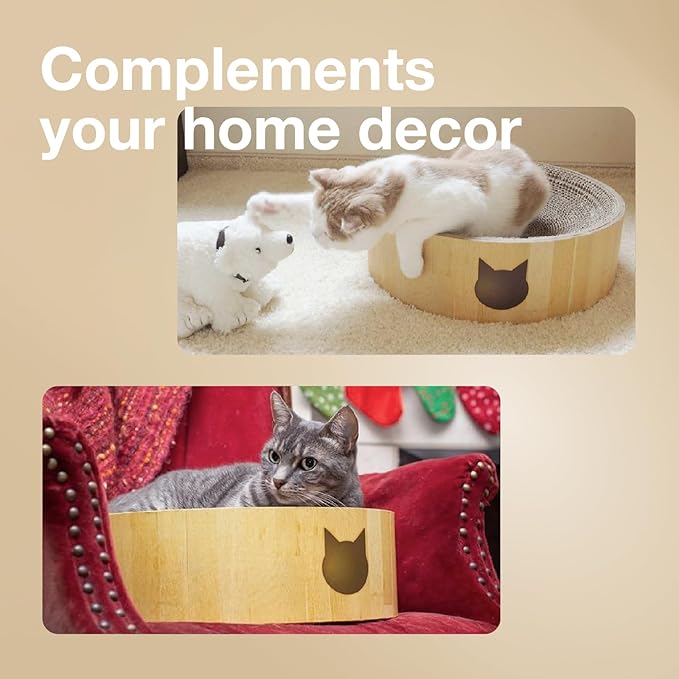 Necoichi Cat Scratcher Bowl for Indoor Cats - Cat Scratching Lounger with Reversible Usability and Extra Comfort for Lounge, Cardboard Bed Couch / (Regular, Oak)