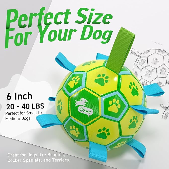 QDAN Dog Toys Soccer Ball - Durable Dog Balls with Strap for Medium Small Dogs, Puppy Birthday Gifts, Dog Tug Toy for Tug of War (8 Inch)