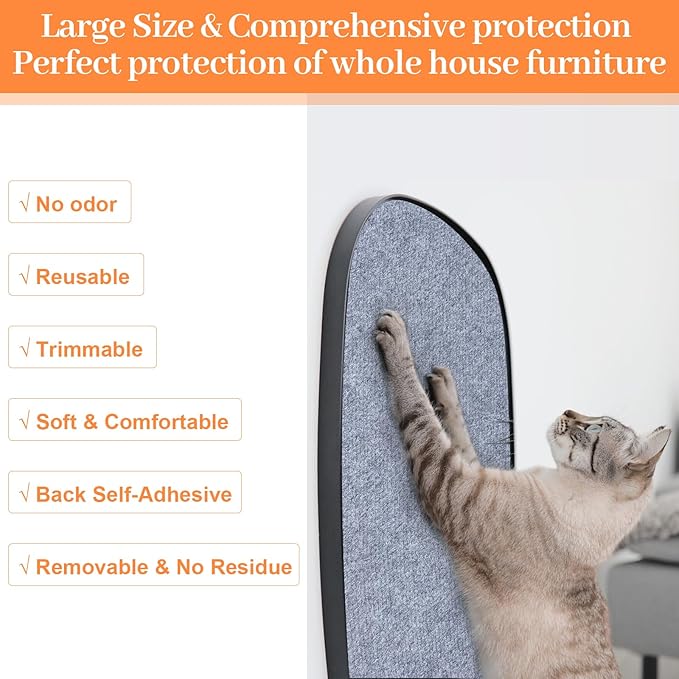 Cat Scratching Mat, Trimmable DIY Self-Adhesive Anti Scratch Furniture Protector, Climbing Wall Carpet, Couch Protector, Scratcher Scratching Pad Post Replacement (Light Grey, 118.1"x15.8")
