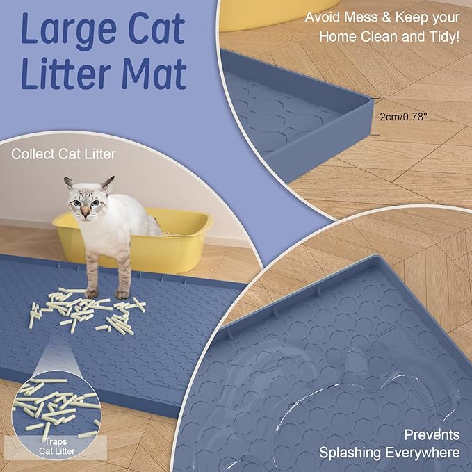 Silicone Large Cat Litter Mat 34" X 22", Cat Mat for Litter Box, Cats Litter Trapping Mat, Non-Slip and Waterproof, Raised Edges, Blue