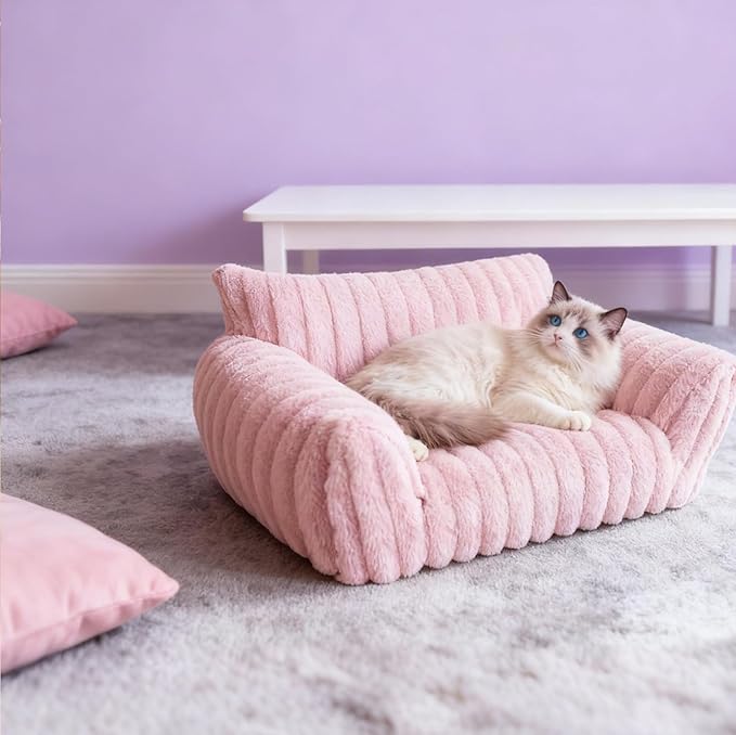 Cat Couch for Pets - Cute Cat Beds for Indoor Cats with Removable Cover, Washable Soft Corduroy Plush, Fluffy Supportive Pet Sofa Chair for Cats, 24 inch Pink
